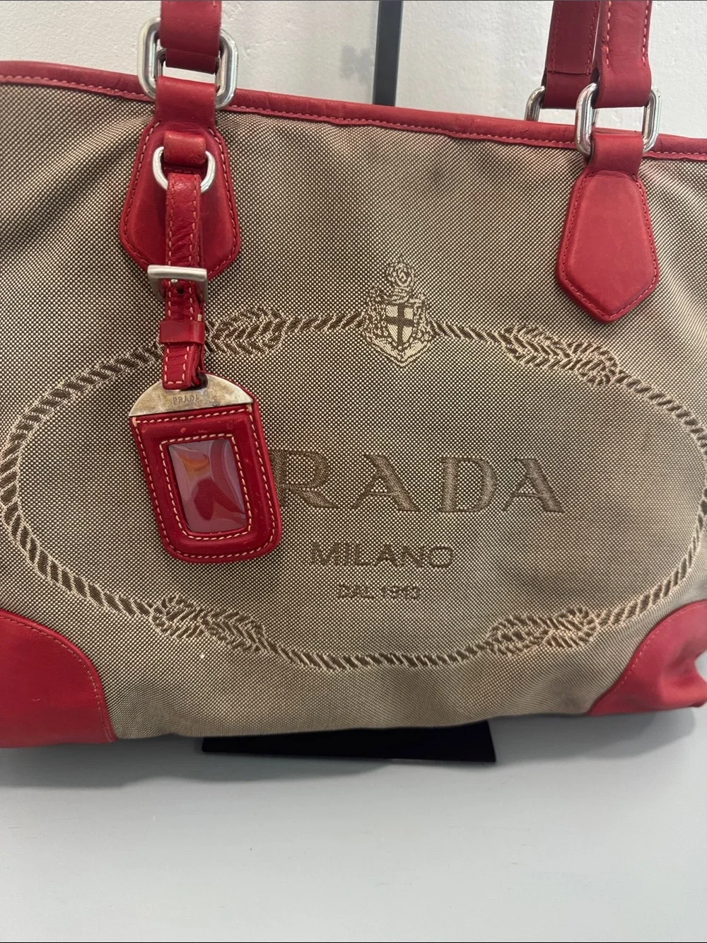 Prada Milano Canvas Tote with Red Leather Trim and Handles